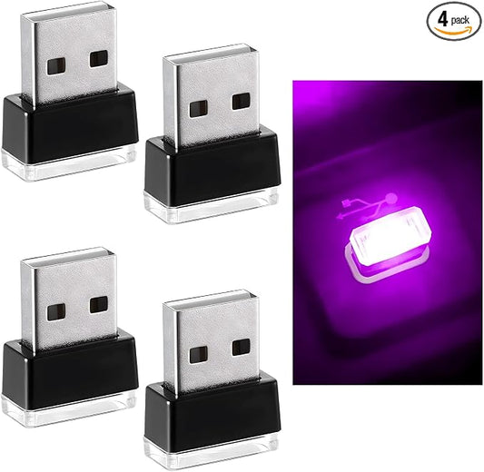 Augeny 4 PCS USB LED Car Interior Atmosphere Lamp, Plug-in USB Decor Night Light, Portable Auto Ambient Lighting Kit, Universal Vehicle Interior Accessories for Most Cars (Purple)