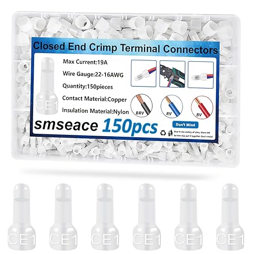 smseace 150 Pcs Nylon Closed End Crimp Terminal -Crimp Caps Wire Connectors for 22-16 AWG - Ideal for Automotive, Audio, and Electrical Applications