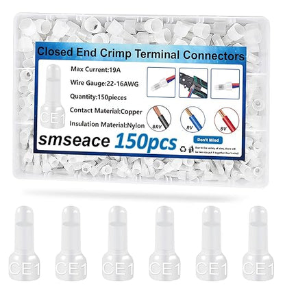 smseace 150 Pcs Nylon Closed End Crimp Terminal -Crimp Caps Wire Connectors for 22-16 AWG - Ideal for Automotive, Audio, and Electrical Applications
