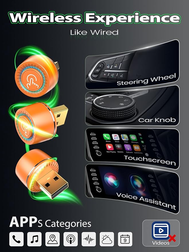 Wireless CarPlay Adapter, One-Click User Switch, Plug & Play, Converts Wired to Wireless Car Play Dongle, Fast & Stable for Cars 2016+ with Built-in Wired CarPlay & Android Auto Orange