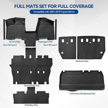 Custom Fit Floor Mats for 2004-2010 Toyota Sienna, All Weather TPE Floor Liners & Trunk Mat & Backrest Mats & Door Sill Guard, Odorless Full Set Interior Accessories