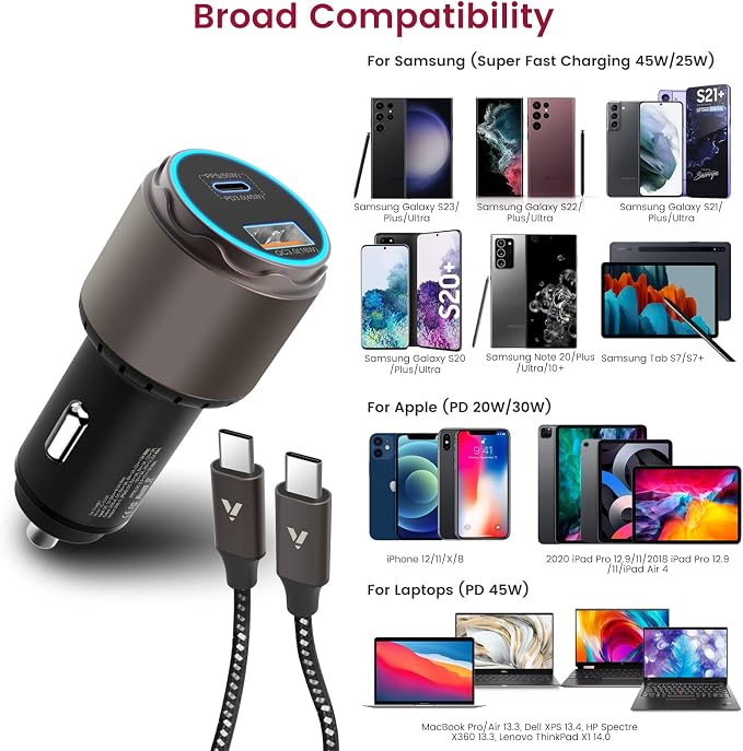VELOGK Super Fast Type C Car Charger [73W Turbo], Fast Adaptive 55W 45W PPS/PD&QC3.0 USB C Car Adapter[Super Fast Charging 2.0]for Samsung S26 Ultra/S25 Ultra/S24 Ultra/S23 Ultra/S22+,iPad Pro,Macbook