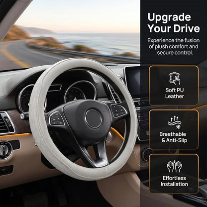 Zpana Car Steering Wheel Cover, 14.5-15" Breathable Soft Leather Vehicle Steering Wheel Protector with Anti-Slip Lining, Comfortable Auto Interior Decoration Accessories, Universal Fit (White)