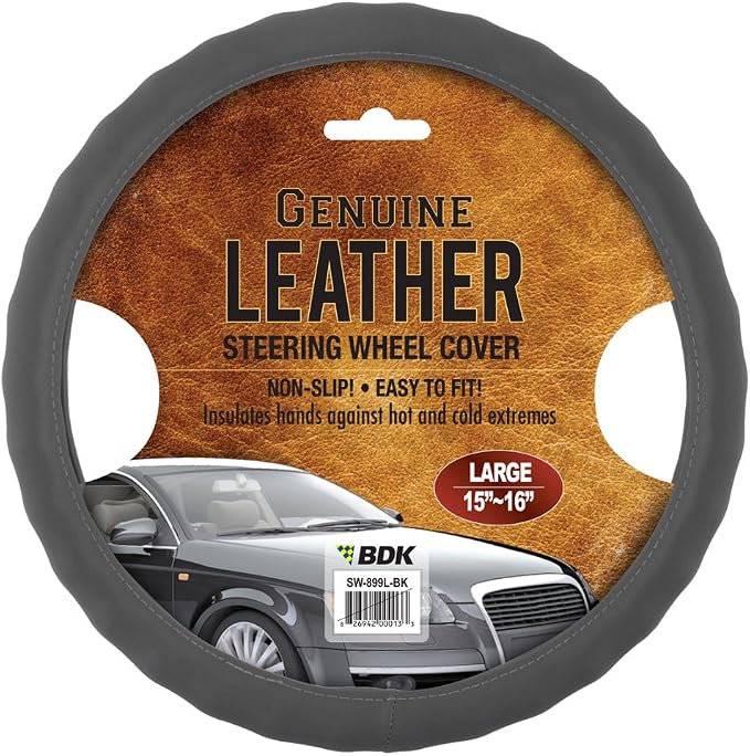 BDK Gray Leather Car Steering Wheel Cover Large Size 15.5 to 16 inch, Easy Installation