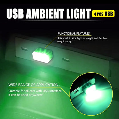 4 PCS USB LED Car Interior Atmosphere Lamp, Portable Mini Auto LED Decor Night Light, Plug-in USB Interface Ambient Lighting Kit, Universal Car Interior Accessories(Green)