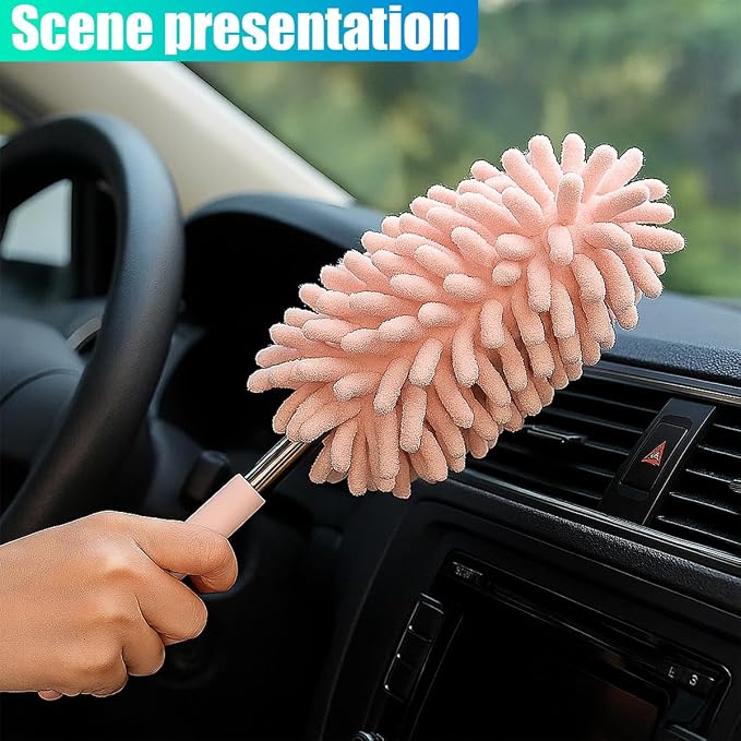 2PCS Car Interior Duster with Extension Pole – Washable Microfiber Dusters Detailing Brushes with Bendable Head, Long Handle Cleaning Duster Tool for Car Dash, Vents, Window, Furniture, Office (Pink)