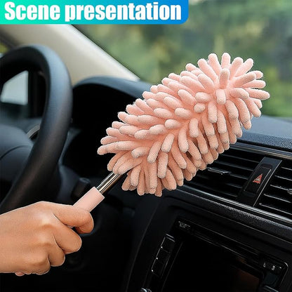 2PCS Car Interior Duster with Extension Pole – Washable Microfiber Dusters Detailing Brushes with Bendable Head, Long Handle Cleaning Duster Tool for Car Dash, Vents, Window, Furniture, Office (Pink)
