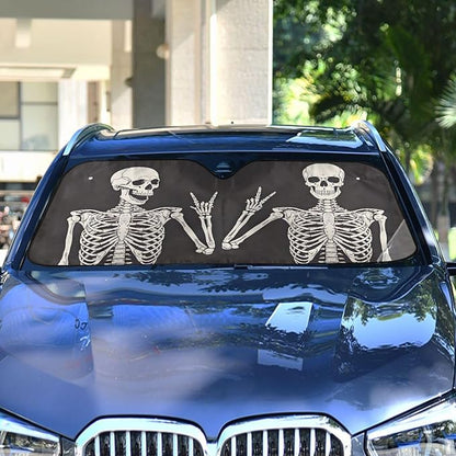 Funny Skull Car Windshield Sunshade - Skeleton Car Shade Skull Sun Shade Black Blocks UV Rays Visor Protector Accordion Folding Sun Reflector Auto Sunshade for Truck SUV to Keep Your Vehicle Cool