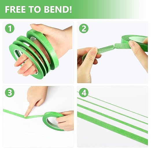 Epakh 4 Pack Painters Tape, Pinstripe Masking Tapes in 1/16, 1/8, 1/4 and 1/2 Inch Wide Suitable for Multi-Surface Automotive DIY Painting Labeling Arts Crafts Car Spray General Purpose(Green,52 yd)
