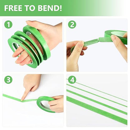 Epakh 4 Pack Painters Tape, Pinstripe Masking Tapes in 1/16, 1/8, 1/4 and 1/2 Inch Wide Suitable for Multi-Surface Automotive DIY Painting Labeling Arts Crafts Car Spray General Purpose(Green,52 yd)