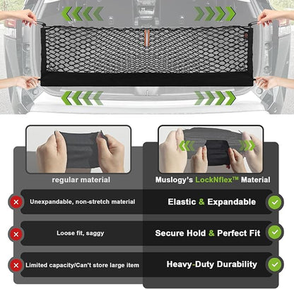 Muslogy Envelope Style Trunk Cargo Net Compatible with 2023 2022 2021 2020 2019 Hyundai Santa Fe Accessories Custom Fit Trunk Organizer Upgraded Storage Luggage Net with Metal Hooks