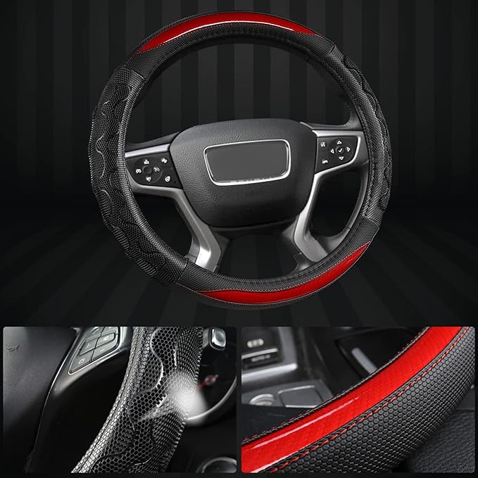 GIANT PANDA Steering Wheel Cover for GMC Sierra Acadia Terrain Yukon(3D Honeycomb-Red-Standard Size)
