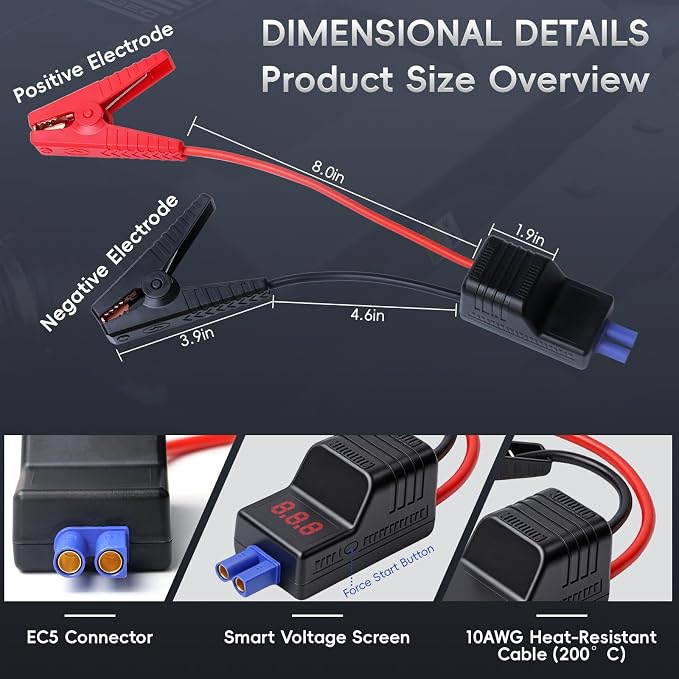Mayspare 10AWG EC5 Smart Jump Starter Clamps, Heavy Duty Replacement Alligator Clips for 12V Portable Car Battery Booster, Universal for SUV/Truck/RV (LCD Screen)