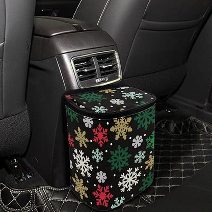 Colored Snowflake Pattern Car Trash Can Leakproof Garbage Bag with Lid and Zipper 1.2Gal Trash Bin Hanging for Back Seat Christmas Car Accessories Universal Fit