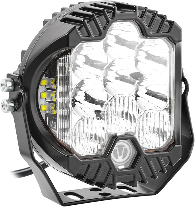 AUTOXBERT 5 Inch Round LED Offroad Lights,50W LED Side Shooter Pods Spot Flood Combo Beam Fog Driving Lights with Amber DRL for Jeep Truck ATV SUV 4x4 Pickup, 1Pcs