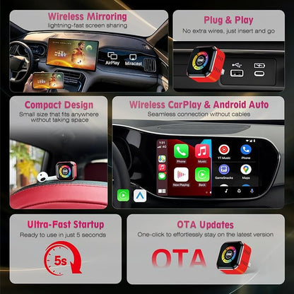 OneCarStereo Wireless CarPlay Android Auto Adapter 4-in-1 Video Mirror, One-Touch Screen Mirroring Dongle with Wireless AirPlay & Miracast, Watch YouTube Phone Apps, Plug & Play for OEM Wired CarPlay