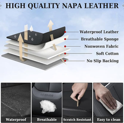 Coverado Universal Seat Covers Front, 2-Pack Universal Seat Covers for Cars, Waterproof Nappa Leather Car Seat Covers with Head Pillow, Auto Protectors Fit for Most Sedans SUV Pick-up Truck-Black