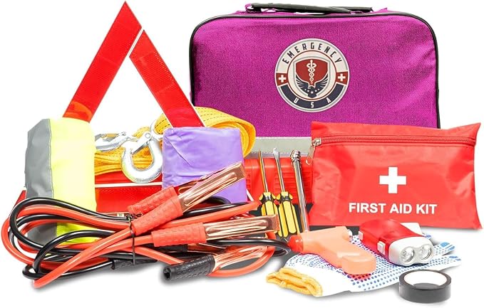 Roadside Assistance Emergency Car Kit - First Aid Kit, Jumper Cables, Tow Strap, led Flash Light, Rain Coat, Tire Pressure Gauge, Safety Vest and More Ideal Winter Accessory for Your Car (Pink)