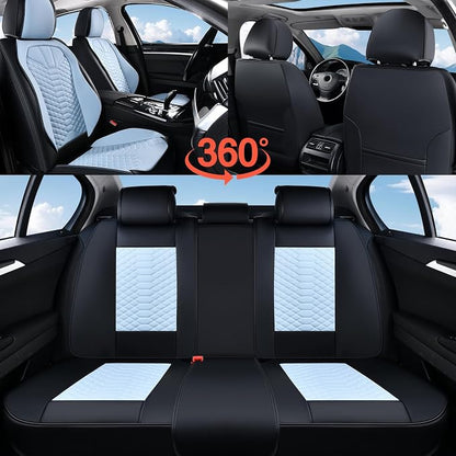 Coverado Leather Seat Covers, Car Seat Covers Full Set, Waterproof Nappa Leather Car Seat Cover, Car Seat Protectors 5 Seats, Black & Blue Automotive Seat Covers Fit for Most Cars Trucks