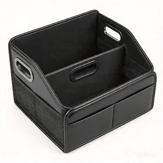 Car Storage Organizer Reinforced Dividable Leather Car Caddy Basket for Front Seat Floor Back Sturdy Frosted Handle 8 Compartments Adjustable Strap Buckles Slip-Resistant (Normal)