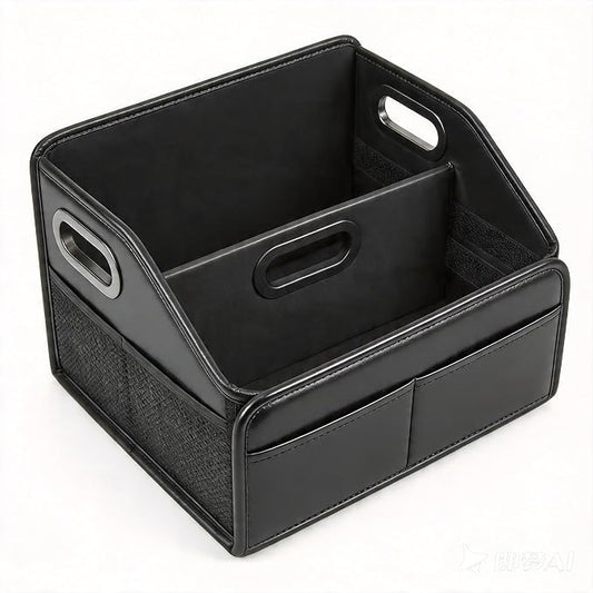 Car Storage Organizer Reinforced Dividable Leather Car Caddy Basket for Front Seat Floor Back Sturdy Frosted Handle 8 Compartments Adjustable Strap Buckles Slip-Resistant (Normal)