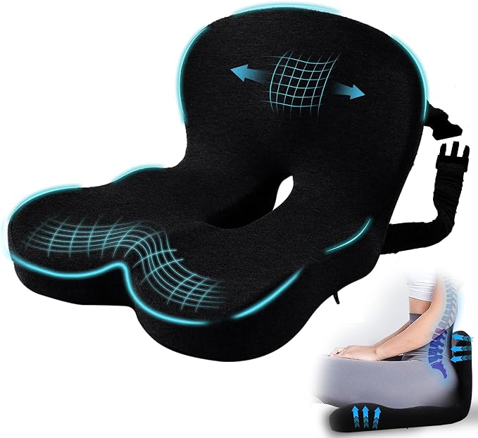 Car Seat Cushion, Memory Foam Driving Cushion with Adjustable Strap, Ergonomic Pad for Car & Semi Truck, Office Chair Cushion for Sciatica & Lower Back Pain Relief, Black