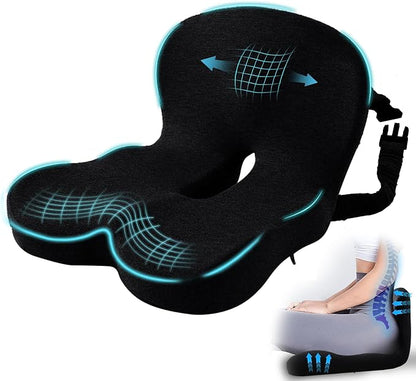 Car Seat Cushion, Memory Foam Driving Cushion with Adjustable Strap, Ergonomic Pad for Car & Semi Truck, Office Chair Cushion for Sciatica & Lower Back Pain Relief, Black