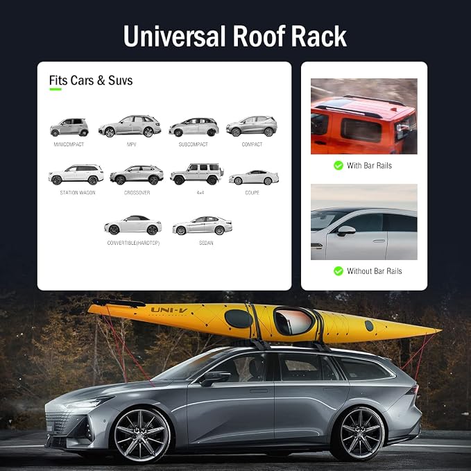 WOOWAVE Premium Kayak Roof Rack Pads Universal Soft Car Roof Rack Carrier for Canoe/Surfboard/Paddleboard/SUP/Snowboard with 6 Tie Down Straps, 2 Tie Down Rope, 2 Quick Loop Strap and Storage Bag
