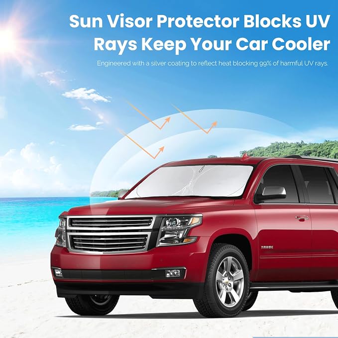 for Chevy Tahoe Windshield Sun Shade Foldable Sunshade-Custom Fit 2015-2020 Tahoe SUV Accessories for Chevrolet Windshield Cover 210T Reflective Front Window Protector Blocks UV Rays Sun Visor