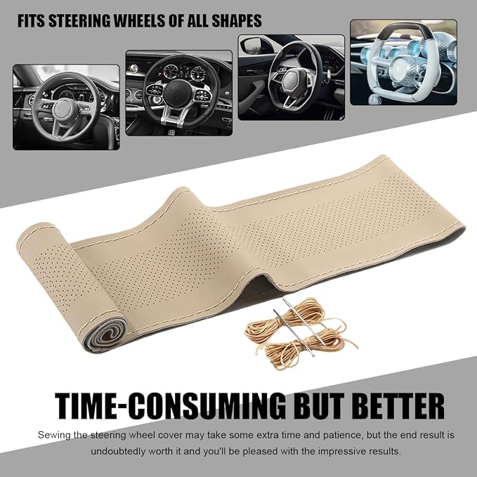 Wevdn Genuine Leather Steering Wheel Cover, Stitch on Wrap, DIY Sewing Steering Wheel Protector, 15 Inch Breathable Non-Slip Steering Wheel Protector, Car Accessories (Beige, Middle Hole)