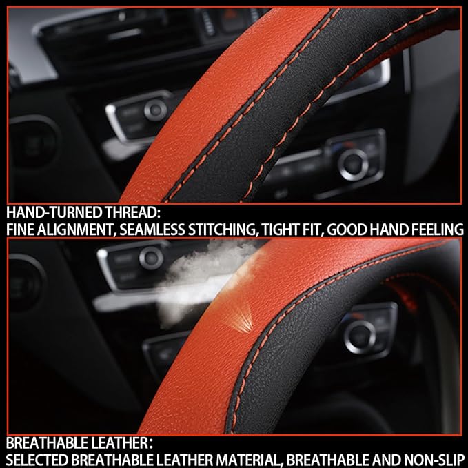 BESULEN Car Steering Wheel Cover, Soft Leather Steering Wheel Protector, Universal Non-Slip Steering Wheel Covers, Comfortable Grip Sweat-Absorbent, Automotive Interior Accessories