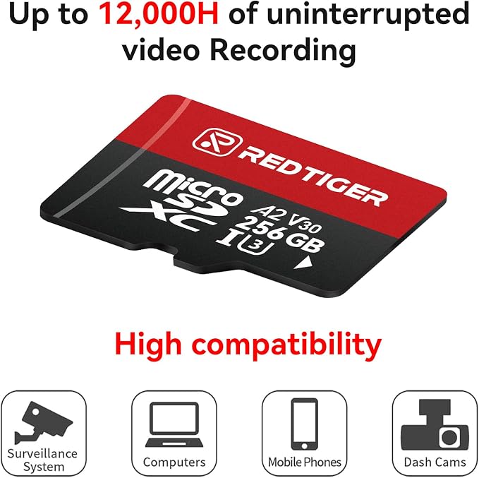 REDTIGER High Speed 256GB Micro SD Card with Adapter, microSDXC UHS-I Class 10, U3, V30 A2, Support for Dash Cam and 4K Video Recording, Compatible with F7NP-V07&F9&F7NT-V04&F17&VP20&F17PLUS