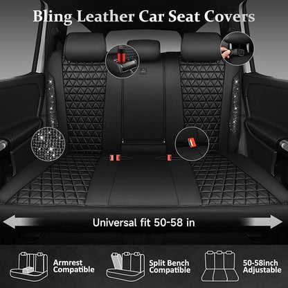 CAR PASS Bling Back Seat Cover, Waterproof Leather Bench Rear Seat Cover Shining Diamond Truck Glitter Crystal Sparkly Rhinestone Universal Fit Armrest Automotive Kid Women Girl, Black Diamond