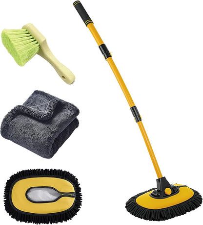 Car Wash Mop with Long Handle 15° Curved Extension Microfiber Scratch-Free Car Wash Brush with 1300GSM Thickened Drying Towel & Soft Bristle Tire Brush Complete Car Wash Kit (Yellow & Black)
