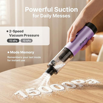 Shop-Vac S4 Mini Car Vacuum Cordless, 15000Pa 4-in-1 Portable Handheld Desk Vacuum & Air Duster with Brushless Motor, LED Light, Multi-Nozzles, 2 Modes, for Car, Office, Keyboard Cleaning (Purple)