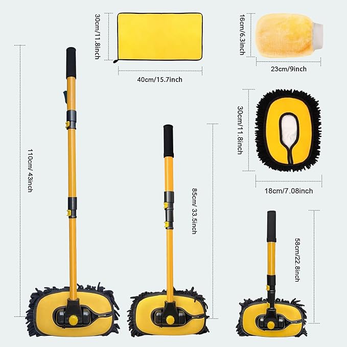 YeewayVeh Car Wash Brush Mop with Long Handle, Car Wash Kit with 2 Chenille Mop Heads, 15° Curved Extension Pole Scratch-Free Microfiber Mitt Sponge Car Cleaning Supplies Accessories, Yellow/Black