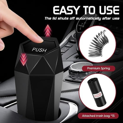 Car Trash Can with Lid, Mini Car Trash Cup with 15 Additional Trash Bags, Car Accessories for Interior, Leakproof Vehicle Garbage Bin for Car, Home, Office - 1 Pack, Black