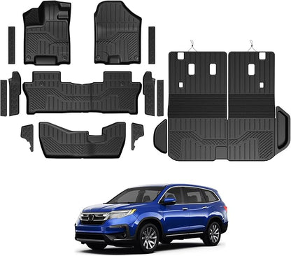 Floor Mats for Honda Pilot 2022-2016, All Weather Floor Mats Trunk Cargo Liner with Backrest Protectors and Door Sill Guards Accessories, Full Coverage Set for 8 Seats (Not Fit Elite Model)