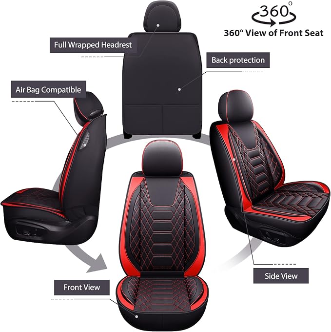 FREESOO Car Seat Covers Leather, Seat Cover Full Set Waterproof Automotive Cushion Protector Accessories Airbag Compatible Universal Fit for 5 Seats Vehicle (Black Red 8)