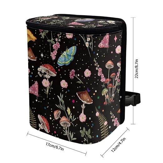 Mushroom Trash Can for Car Cottagecore Moth Boho Car Accessories for Women Portable Leakproof Garbage Can Bags with Zipper and Lid Butterfly Auto Trash Bag Hanging Front Seat