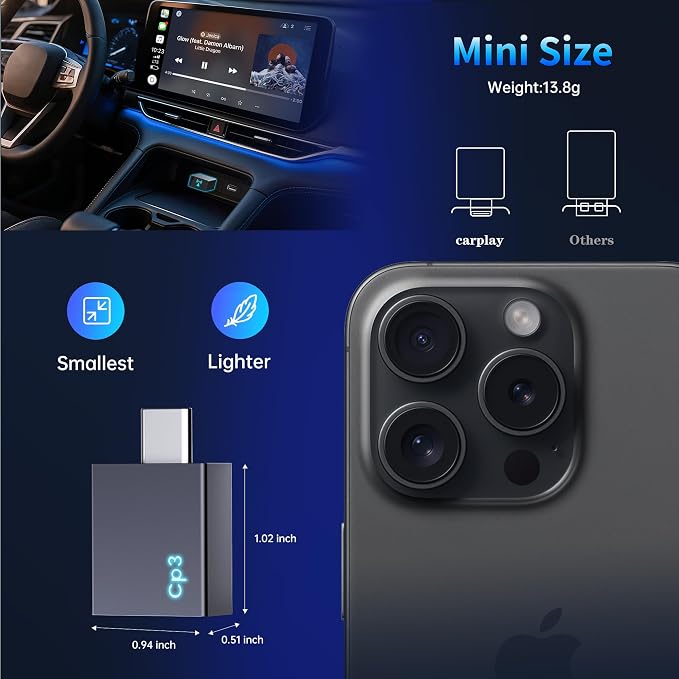 Wireless CarPlay Adapter for iPhone 2026 Upgrade - Stable Connection Convert Wired to Wireless Compatible with Cars 2018+, iOS 10+ (USB-C)