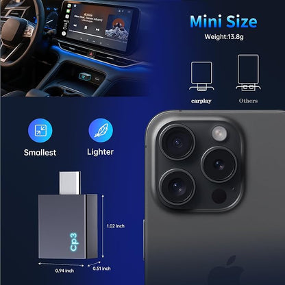 Wireless CarPlay Adapter for iPhone 2026 Upgrade - Stable Connection Convert Wired to Wireless Compatible with Cars 2018+, iOS 10+ (USB-C)