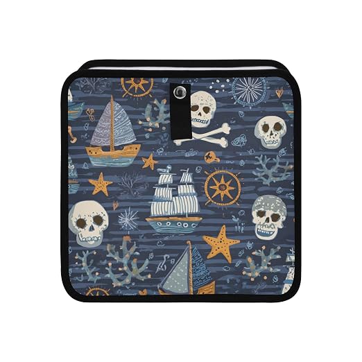 Car Trash Can Organizer Bin with Adjustable Strap for Back Front Seat Console Waterproof Leakproof Collapsible Portable 8.66 Inch Blue Pirate Skulls Sailboats Starfish and Compass