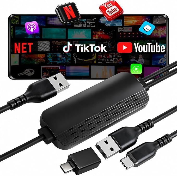 3-in-1 Wireless CarPlay Adapter with Video Streaming, Screen Mirroring & Fast Charging, Enables YouTube/TikTok via Wired Connection, Plug & Play,Car with Wired CarPlay