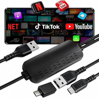 3-in-1 Wireless CarPlay Adapter with Video Streaming, Screen Mirroring & Fast Charging, Enables YouTube/TikTok via Wired Connection, Plug & Play,Car with Wired CarPlay