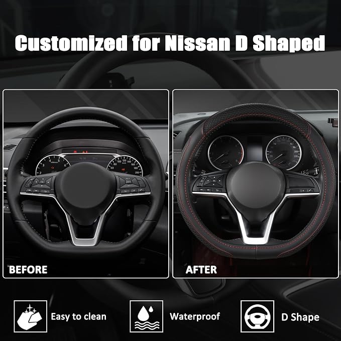 West Llama Customized Auto Car Steering Wheel Cover for Nissan,D Shaped Steering Wheel Cover for Rogue,Altima,Kicks (D-Shaped-Black+Red Line)