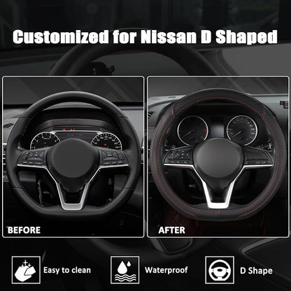 West Llama Customized Auto Car Steering Wheel Cover for Nissan,D Shaped Steering Wheel Cover for Rogue,Altima,Kicks (D-Shaped-Black+Red Line)