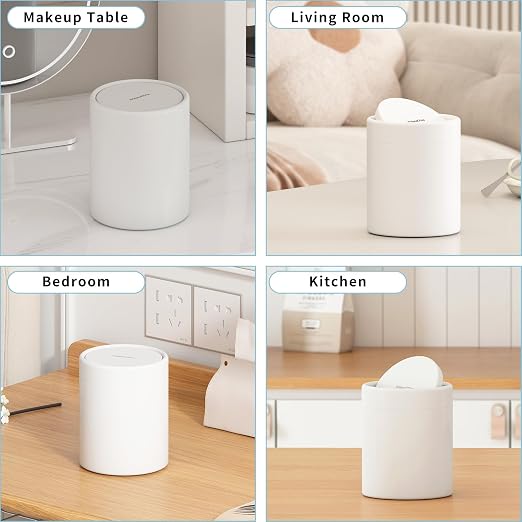 Mini Desk Trash Can with Lid for Desk,0.4 Gallon Brushed Stainless Steel Countertop Trash Can with Lid for Desktop Car Office Kitchen, Swing Top Trash Bin with a Roll of Trash Bag（White）