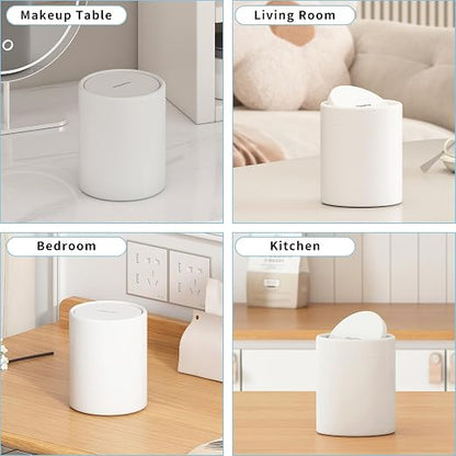 Mini Desk Trash Can with Lid for Desk,0.4 Gallon Brushed Stainless Steel Countertop Trash Can with Lid for Desktop Car Office Kitchen, Swing Top Trash Bin with a Roll of Trash Bag（White）