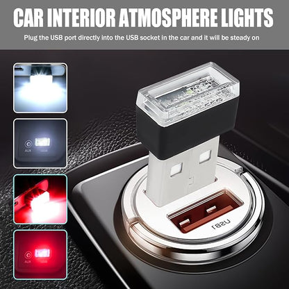 4 PCS USB LED Car Interior Atmosphere Lamp, Portable Mini Auto LED Decor Night Light, Plug-in USB Interface Ambient Lighting Kit, Universal Car Interior Accessories(White+Red)